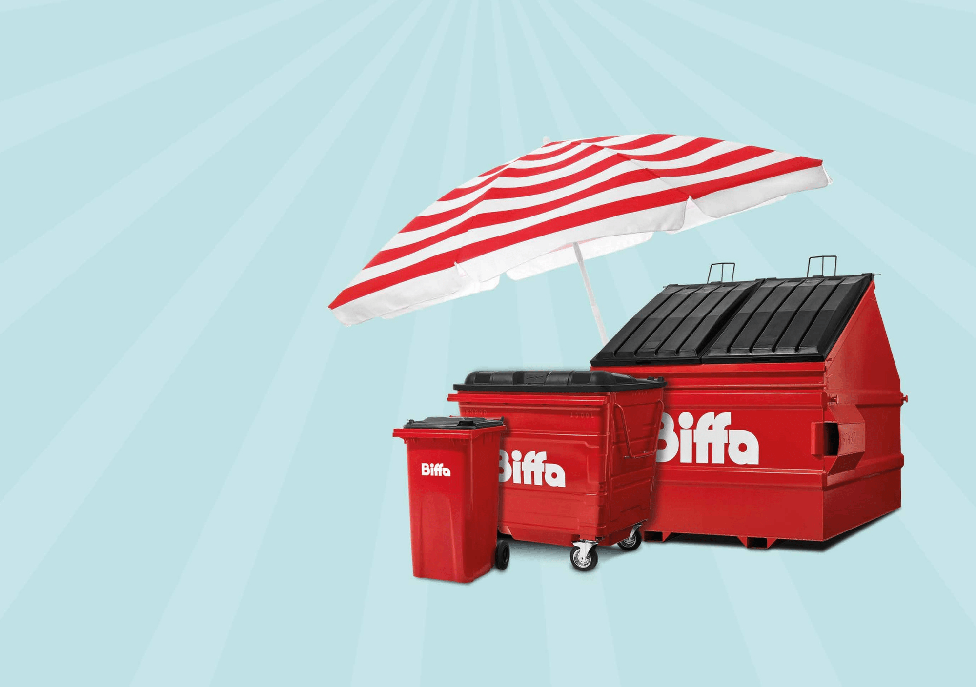 3 red Biffa bins under a beach umbrella with blue background