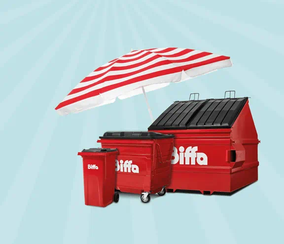 3 red Biffa bins under a beach umbrella with blue background