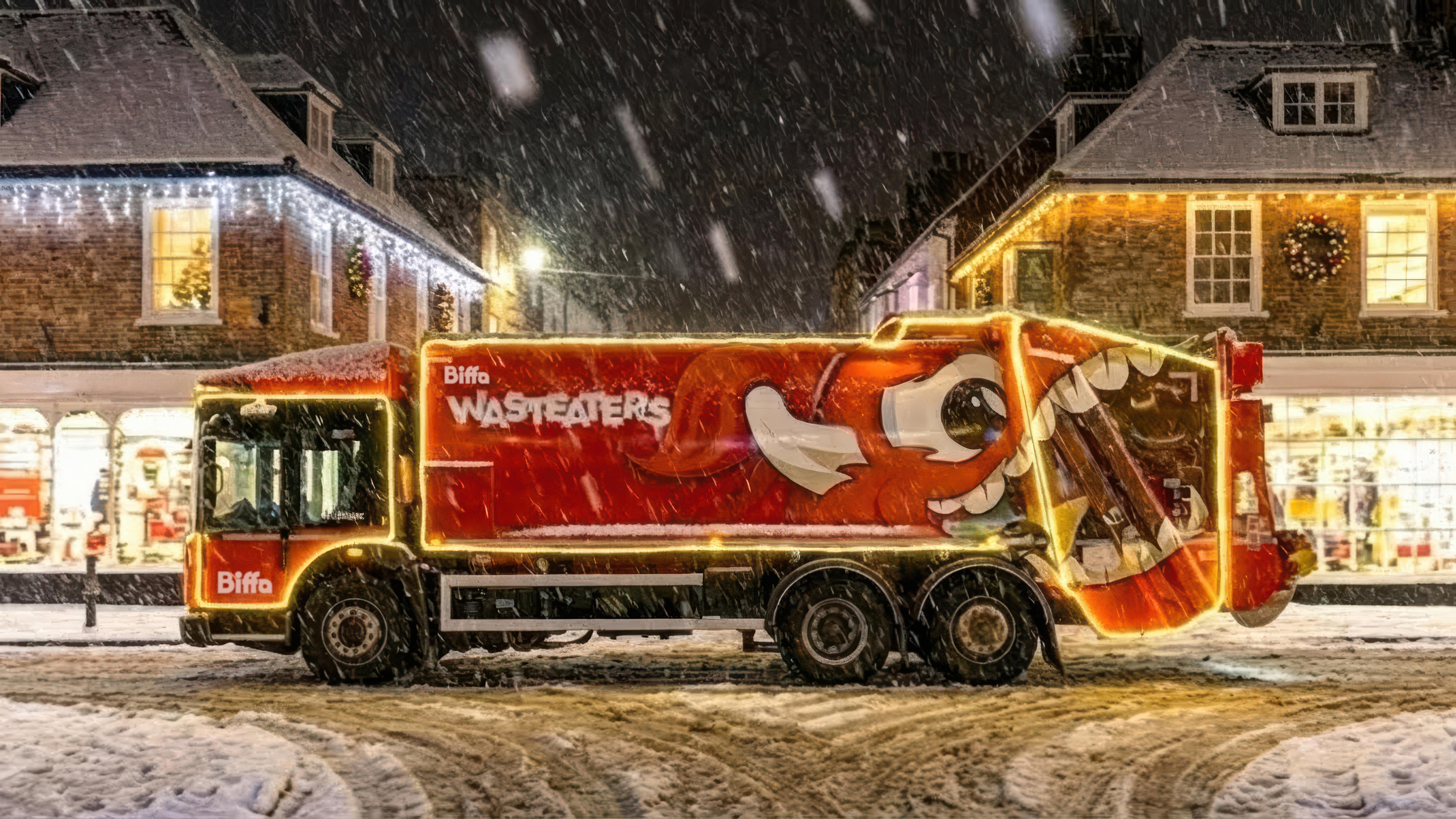 Christmas decorated street with Biffa Wasteater trucks