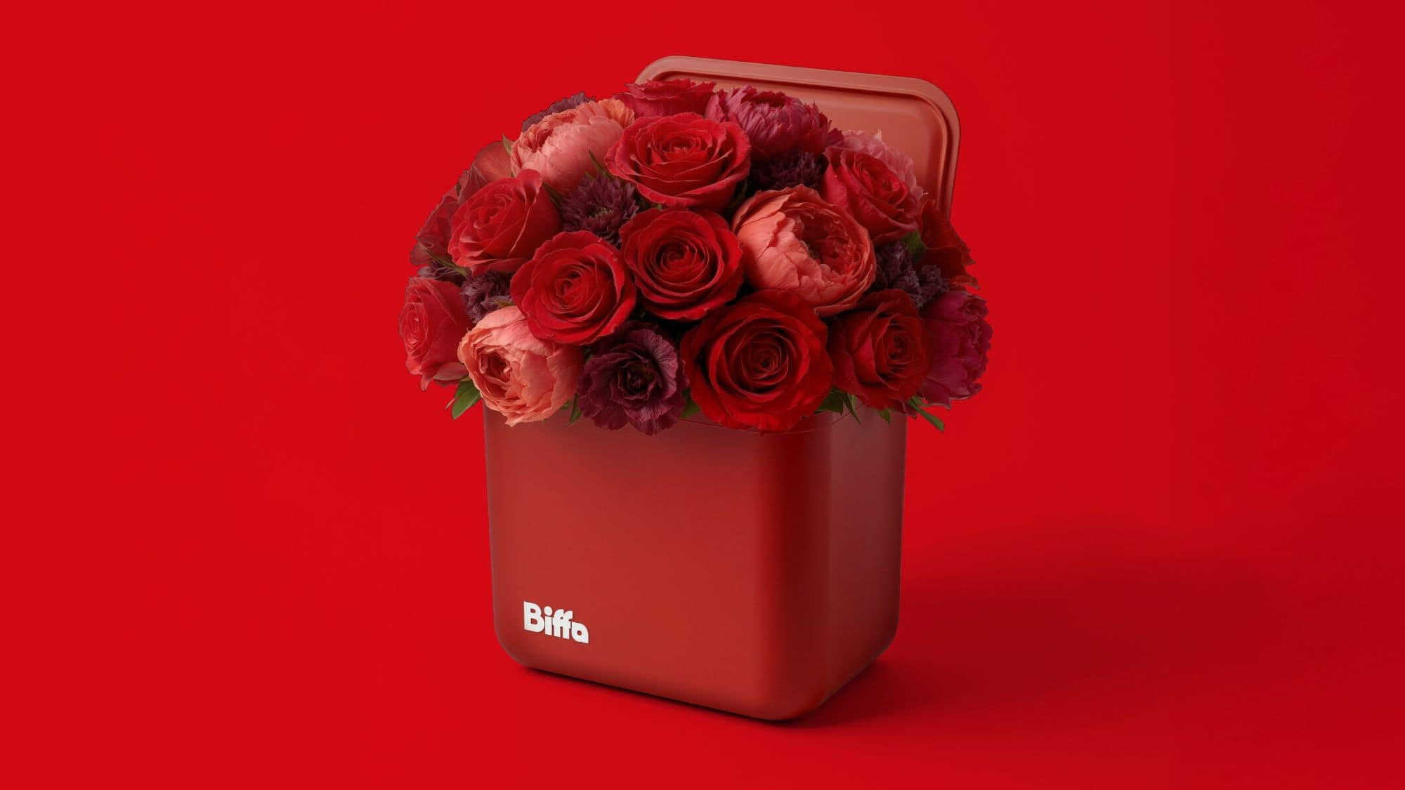 Red food caddy with roses in it