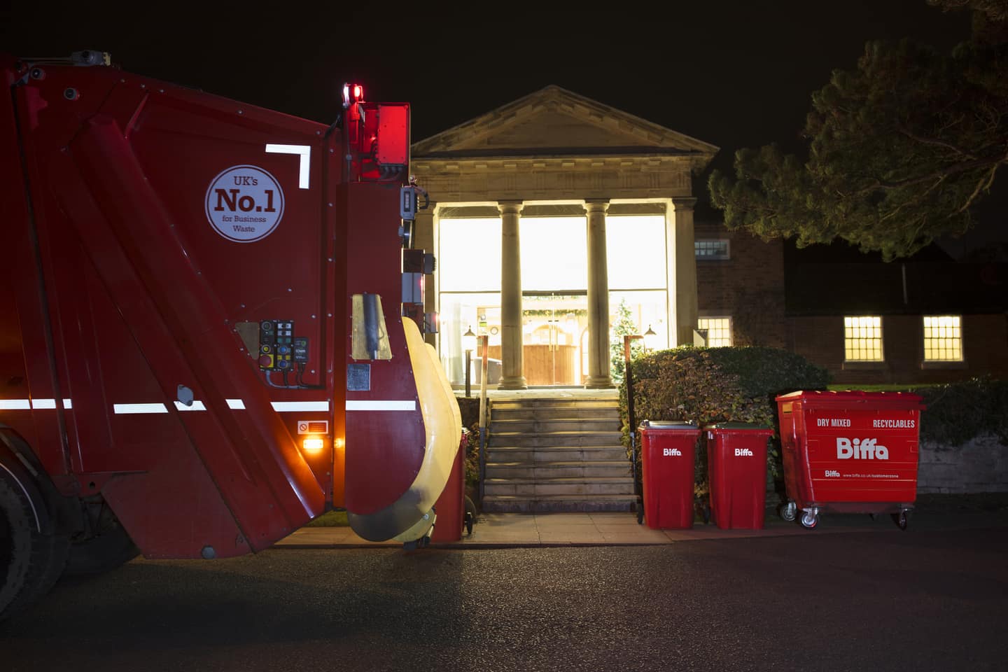 Biffa truck and bins at night