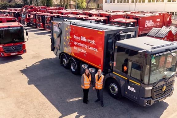 Maxine Mayhew and David Lorenz in front of a Biffa X Lunaz electric lorry