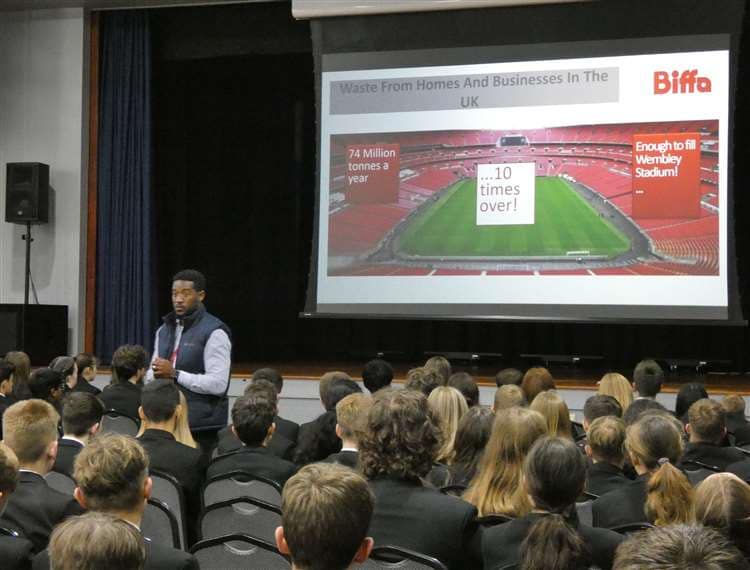Biffa's Lewis Planter delivering presentation at school