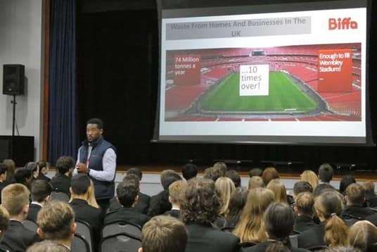 Biffa's Lewis Planter delivering presentation at school