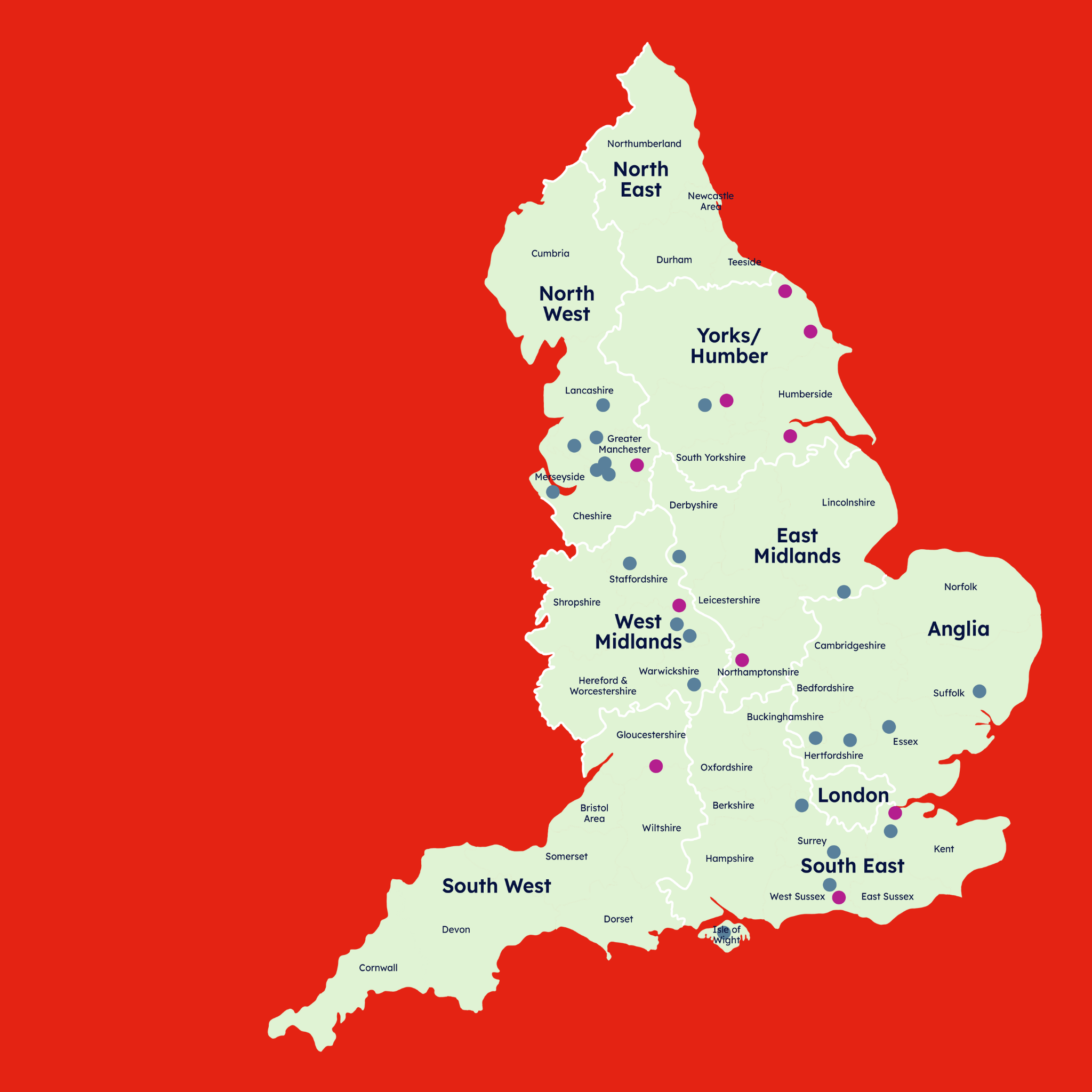 Map with dots indicating the sites